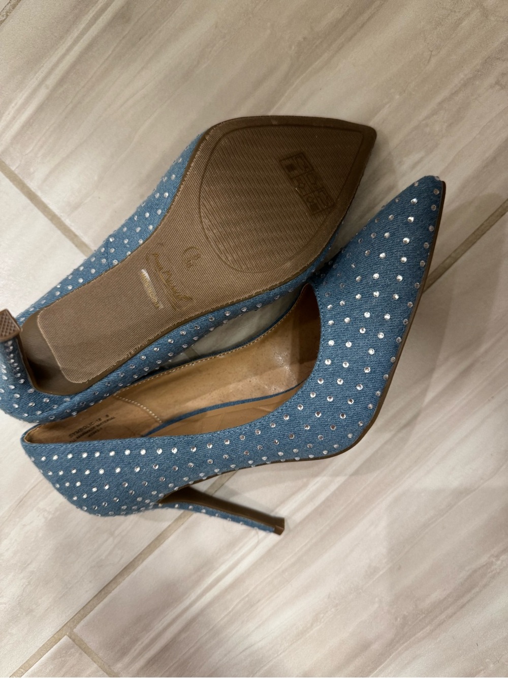 Anne Michelle Blue Denim Pointed Toe Rhinestone Stiletto Pumps